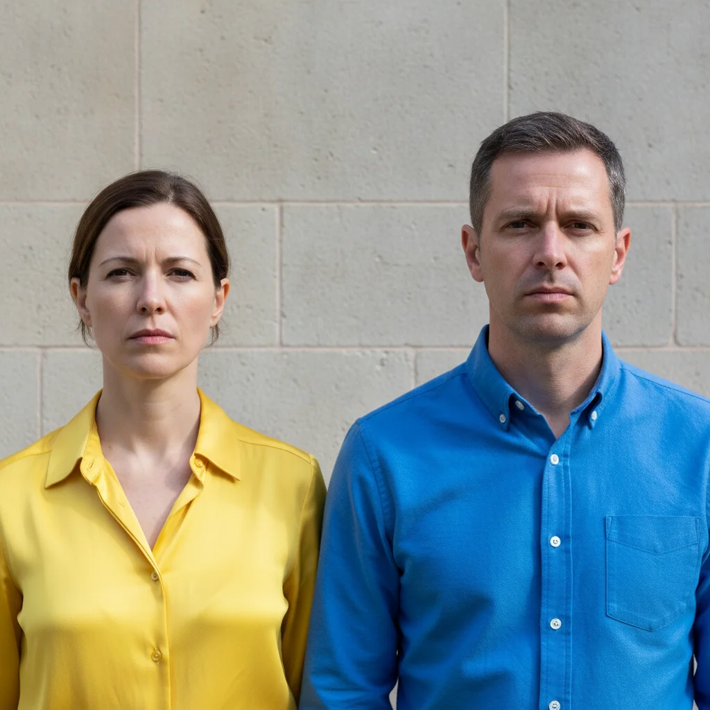 Couple standing outdoors with flat, serious expressions
