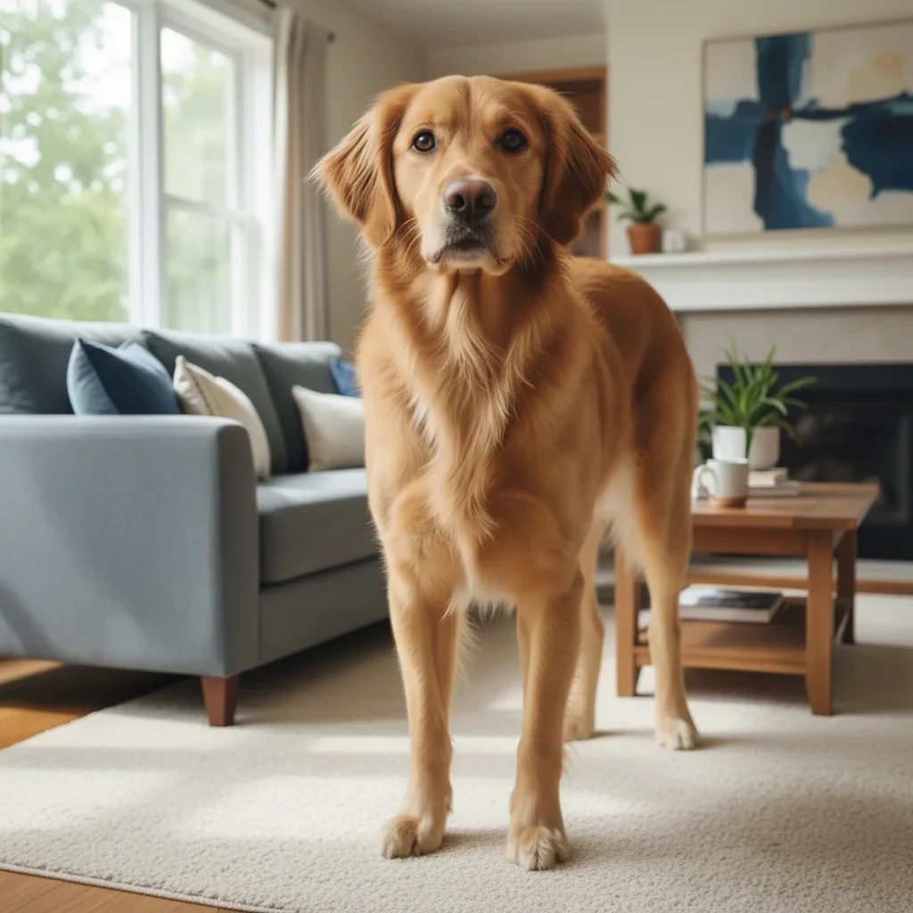 Same pet now towering over furniture, head near ceiling