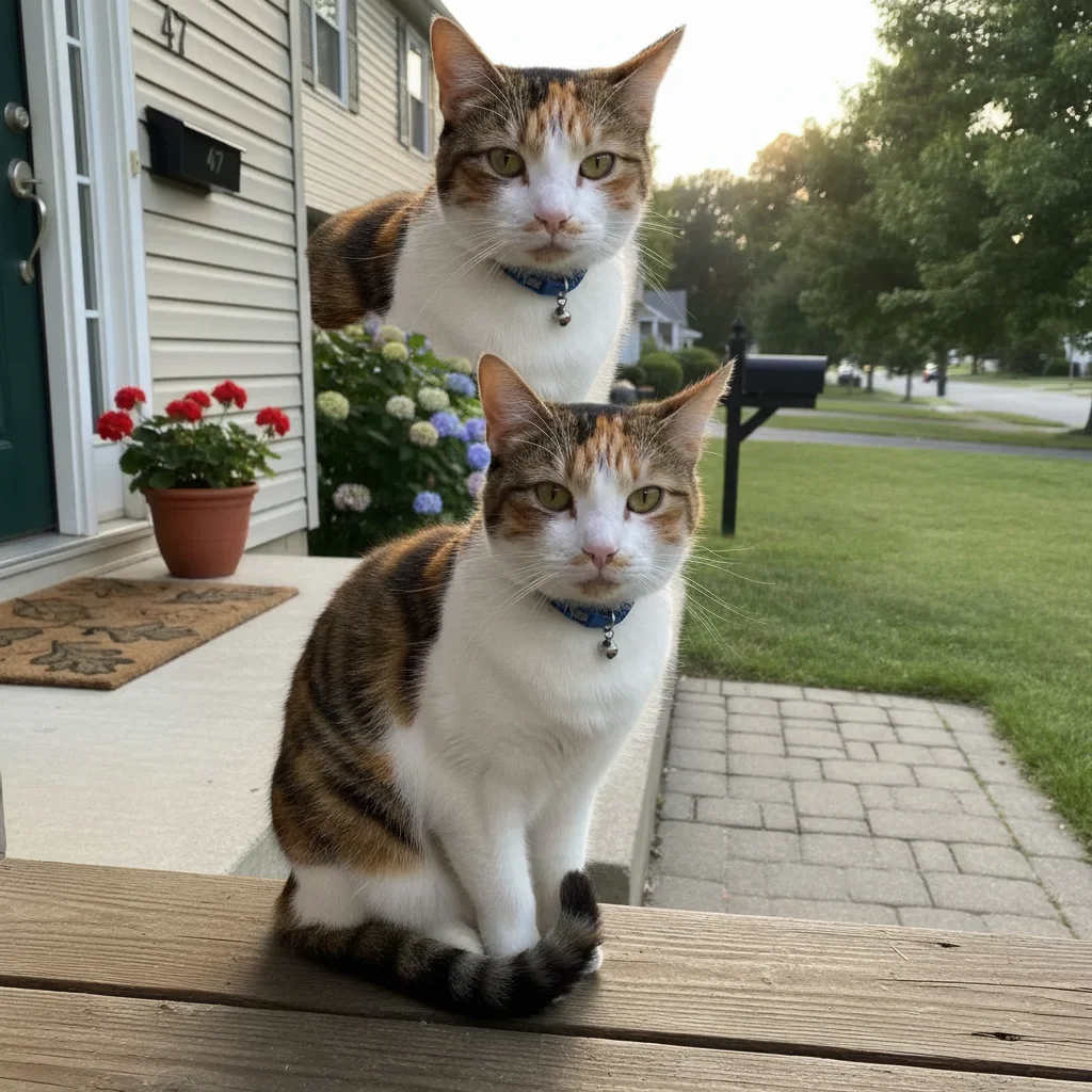 Same cat now enormous, peeking over the rooftop of the house