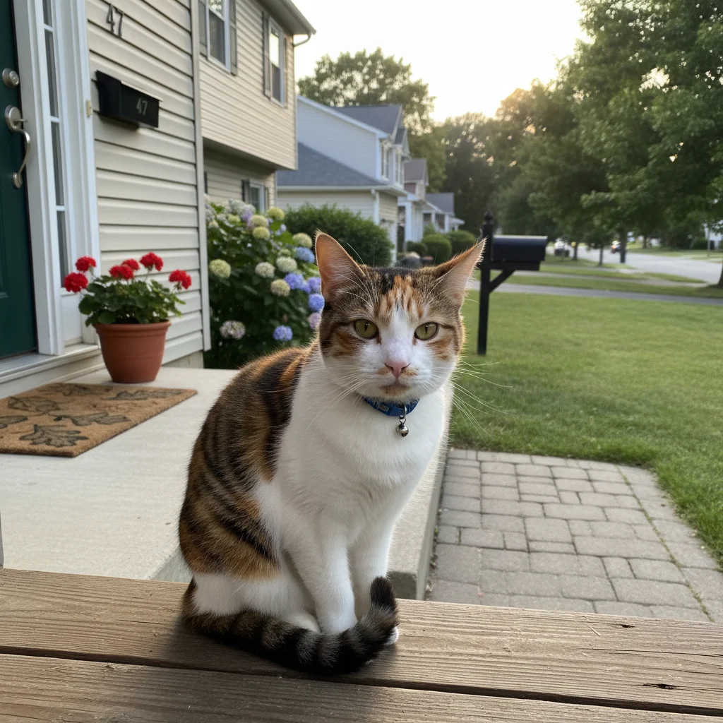 Normal cat sitting on porch with house behind