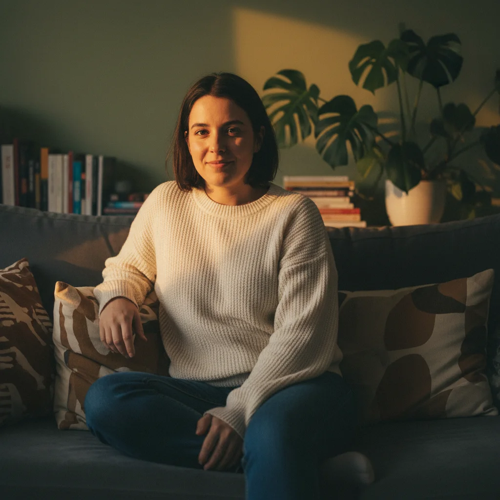 Casual indoor phone portrait under warm lamp light