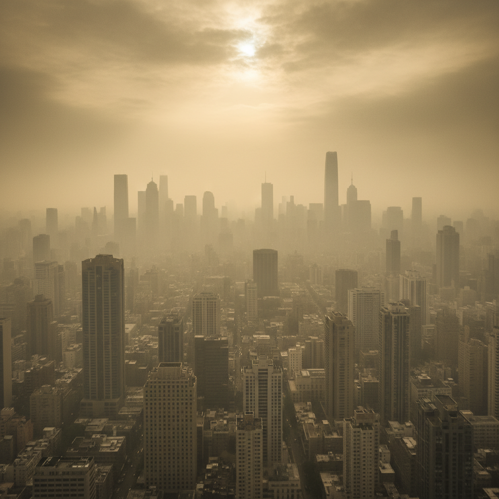 Clear city skyline with sharp building details and blue sky