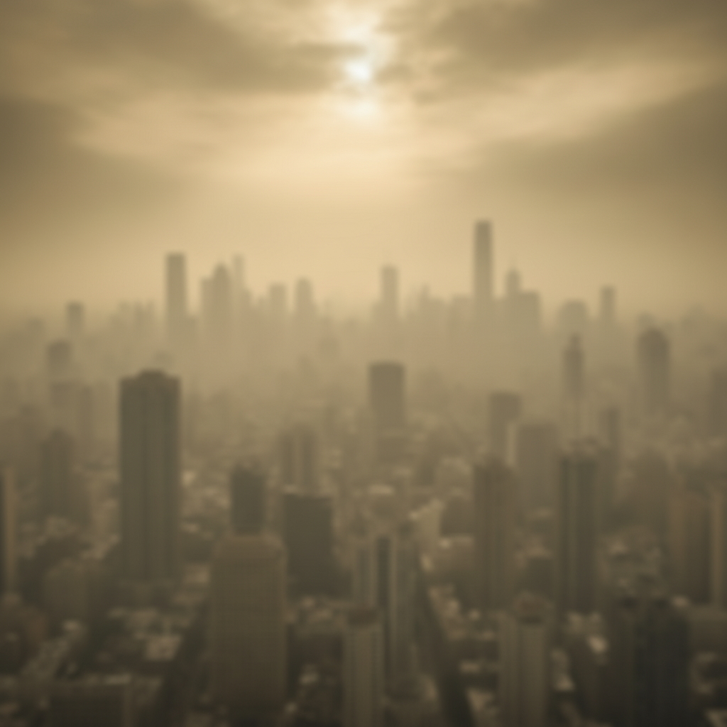 Smoggy city skyline with buildings obscured by haze