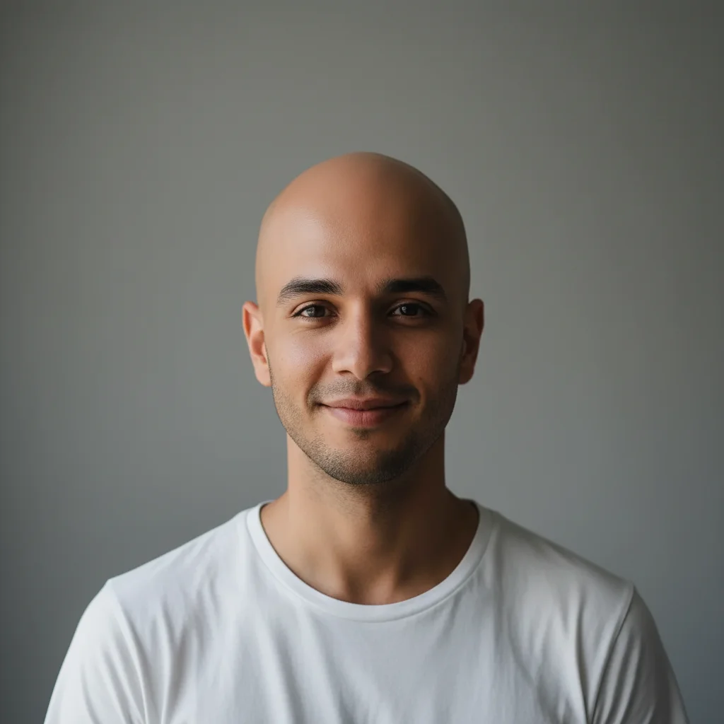 Same man with a smooth, naturally bald scalp — face unchanged