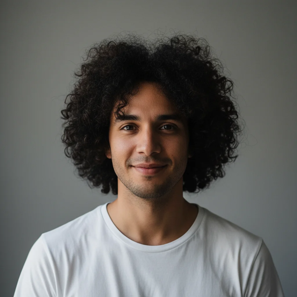 Man with thick dark curly hair smiling at the camera