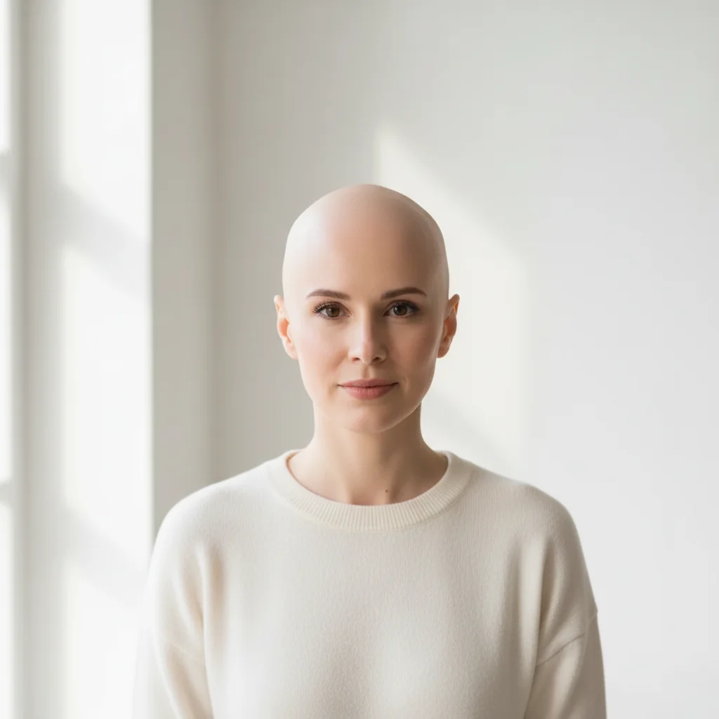 Same woman completely bald, face and expression unchanged