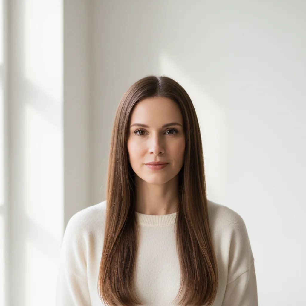Woman with long brown hair looking at the camera