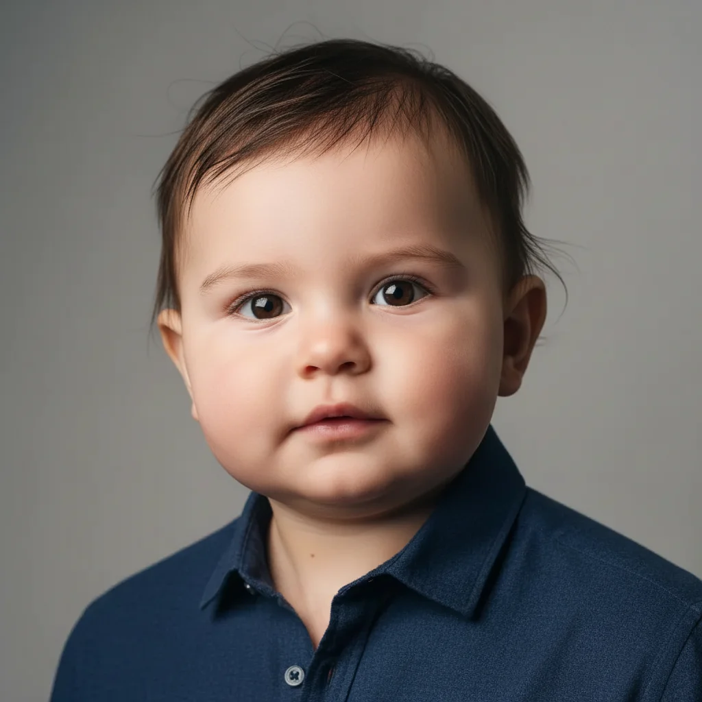 The same man transformed into a chubby-cheeked toddler, still recognizable, with baby hair and wide eyes