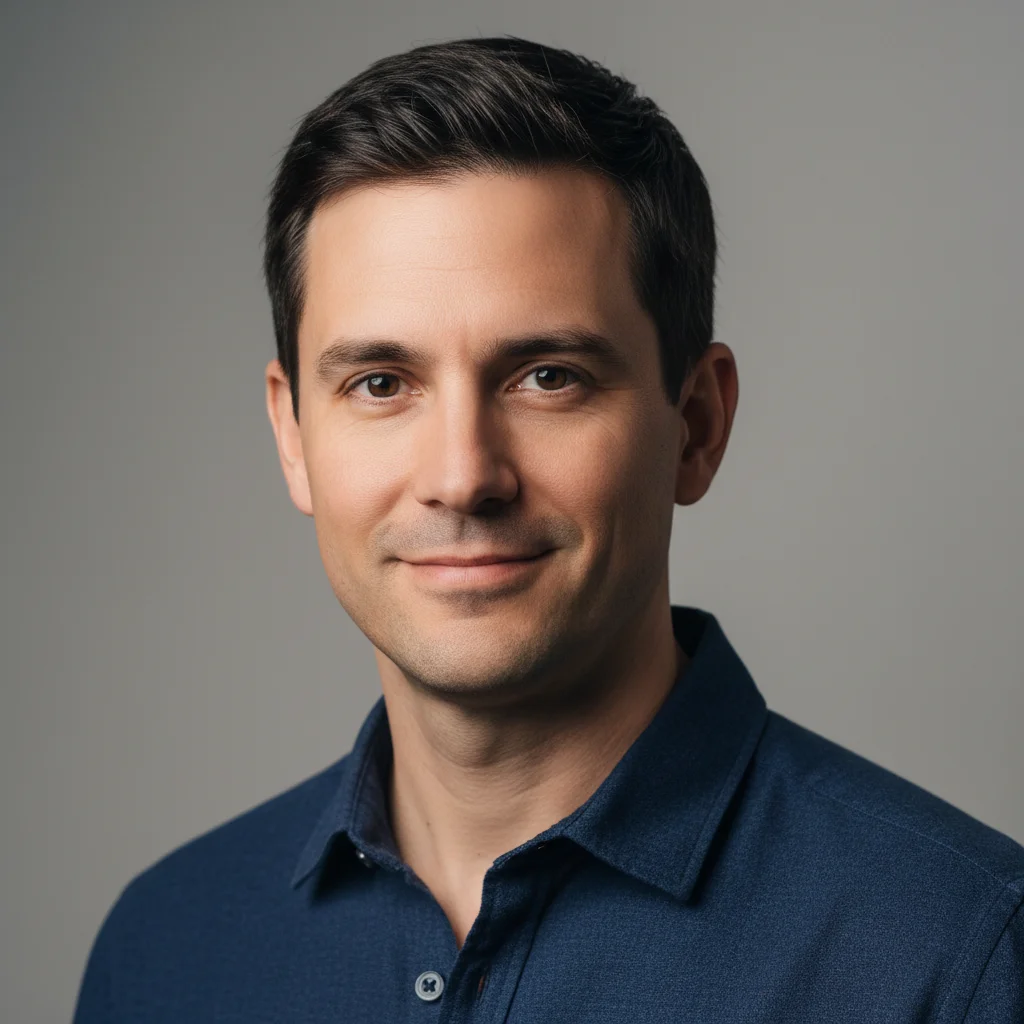 Professional headshot of a man in his late 30s with short dark hair