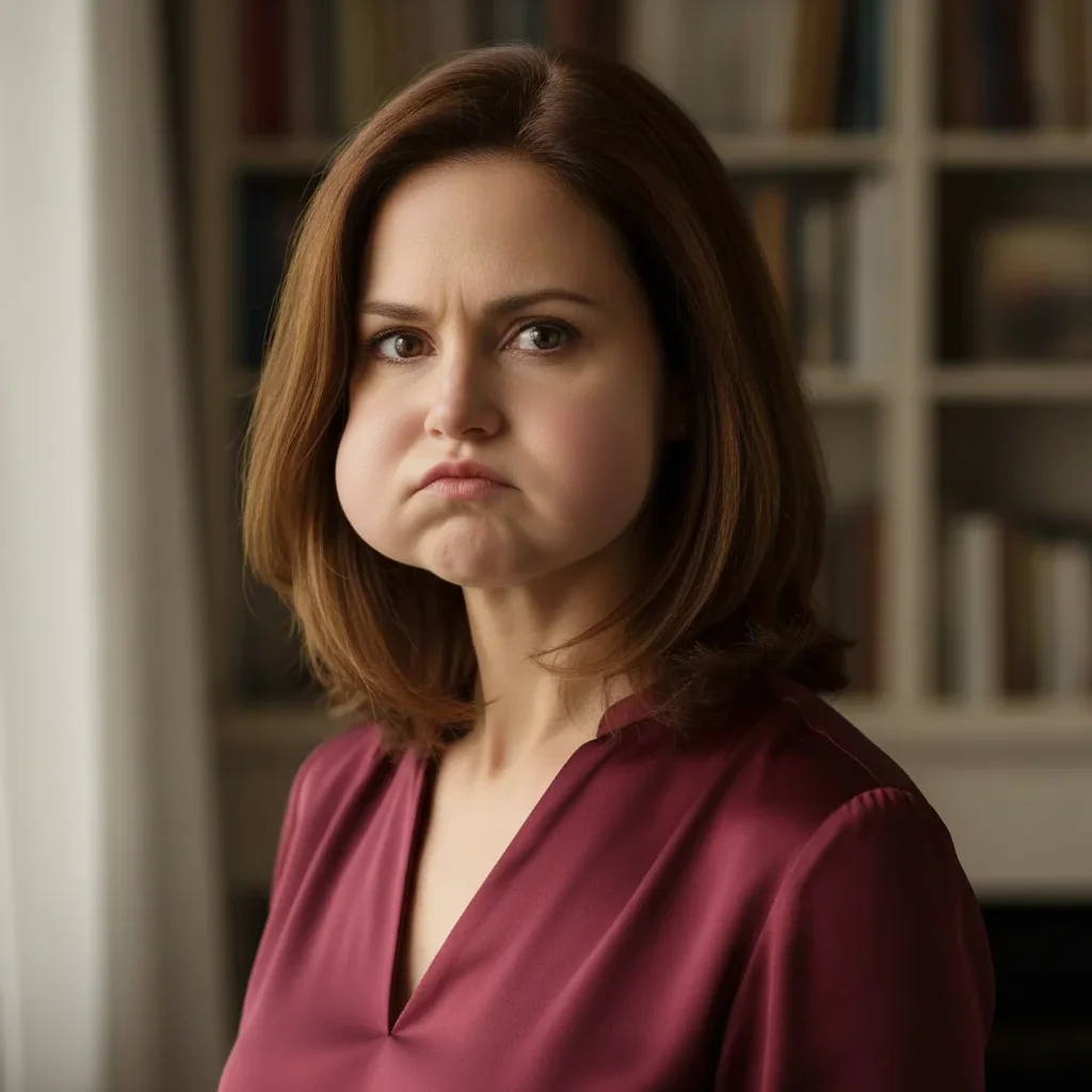 The same woman as a grumpy 18-month-old toddler with a pouty lip and furrowed brow, clearly recognizable