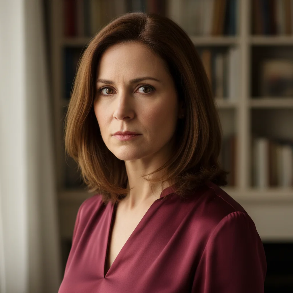 Portrait of a woman in her early 40s with a serious, slightly stern expression