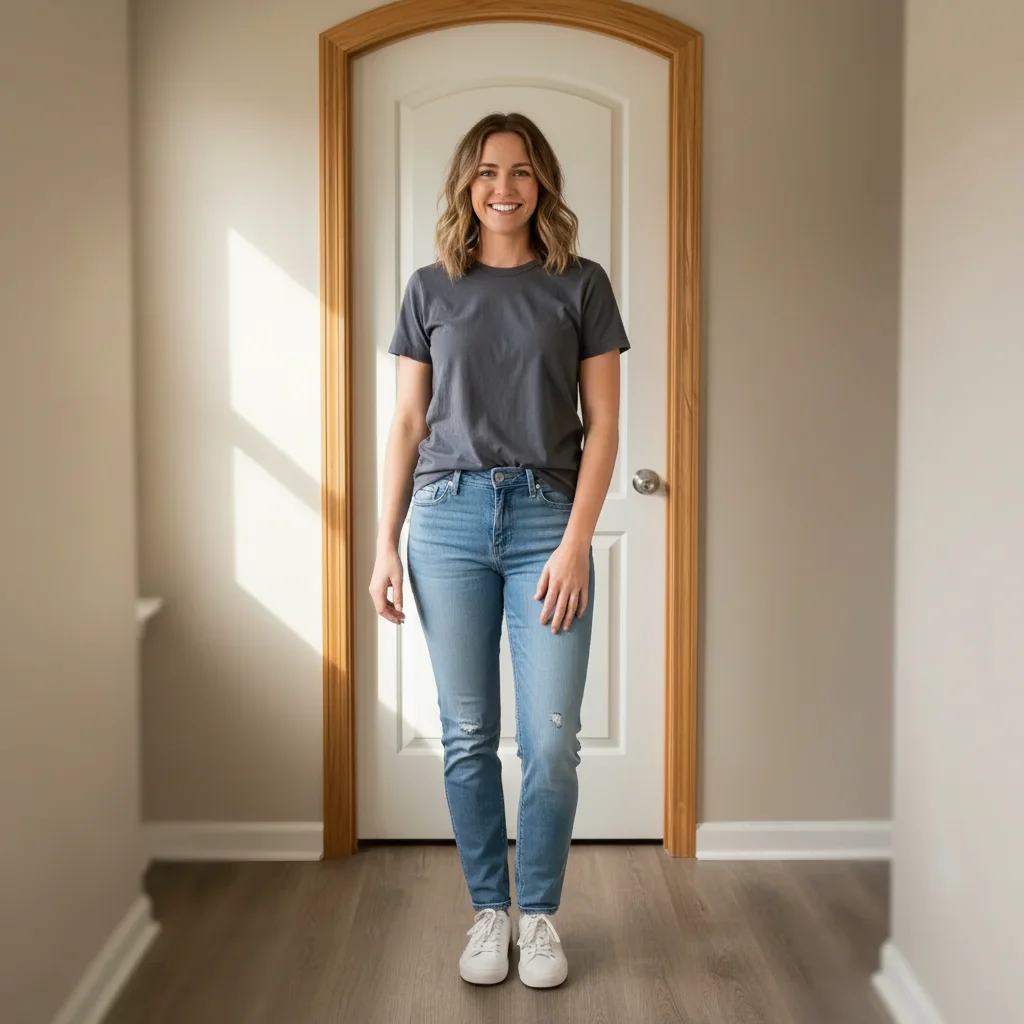 Same person stretched to an absurd height, head towering above the doorframe, legs impossibly long