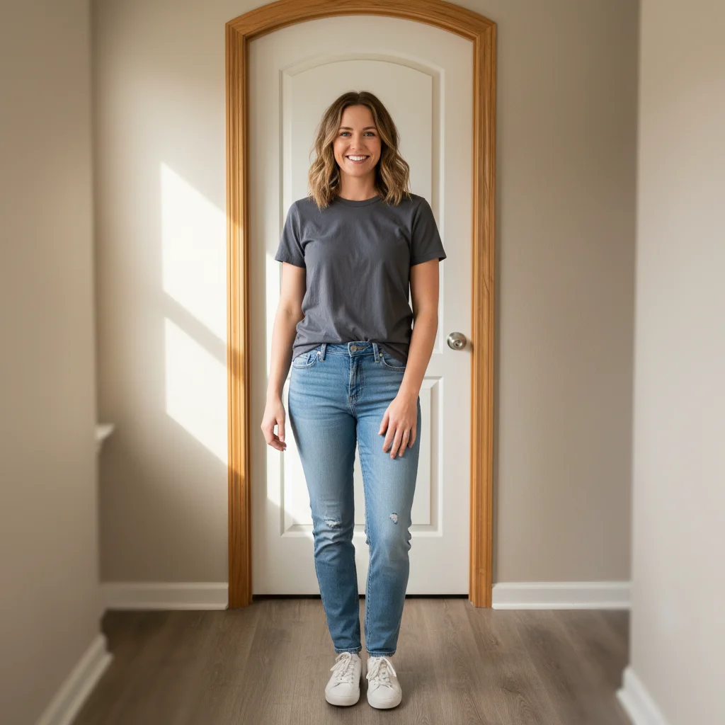 Person of average height standing in a hallway in front of a doorframe