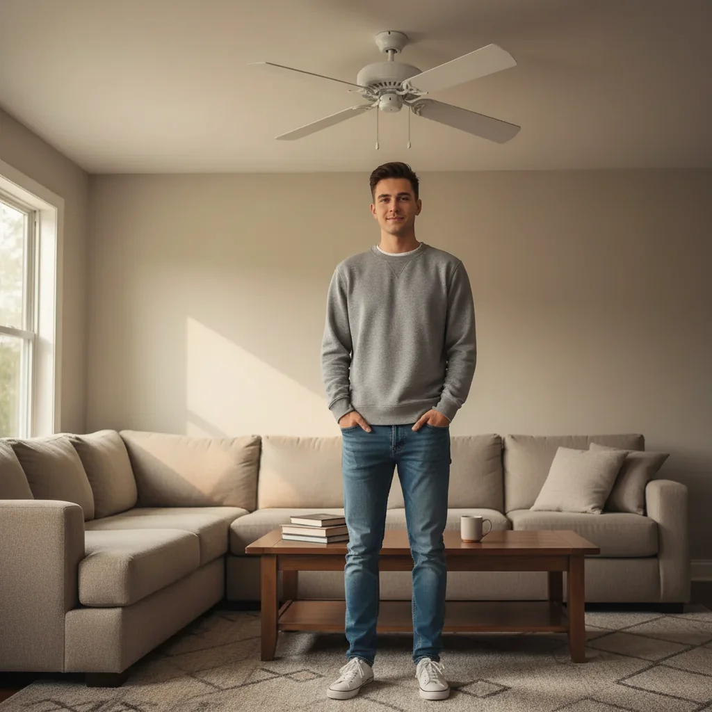 Same man stretched to 7-foot-plus height, head near the ceiling fan, legs twice as long