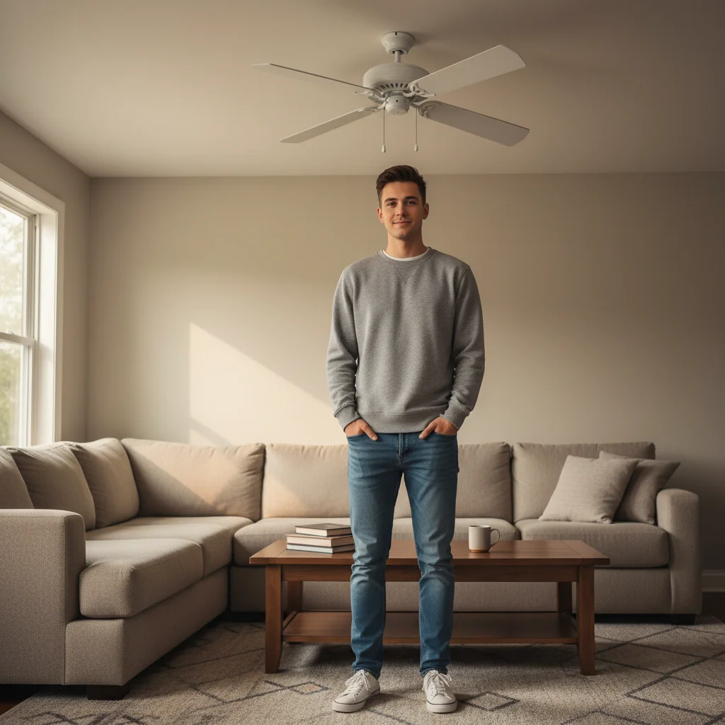 Young man of normal height standing in a living room with a ceiling fan visible above
