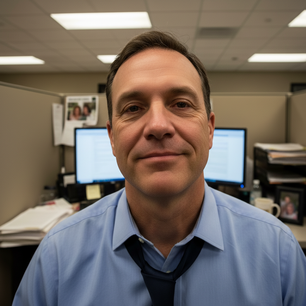 Same man looking refreshed with warm lighting and soft background