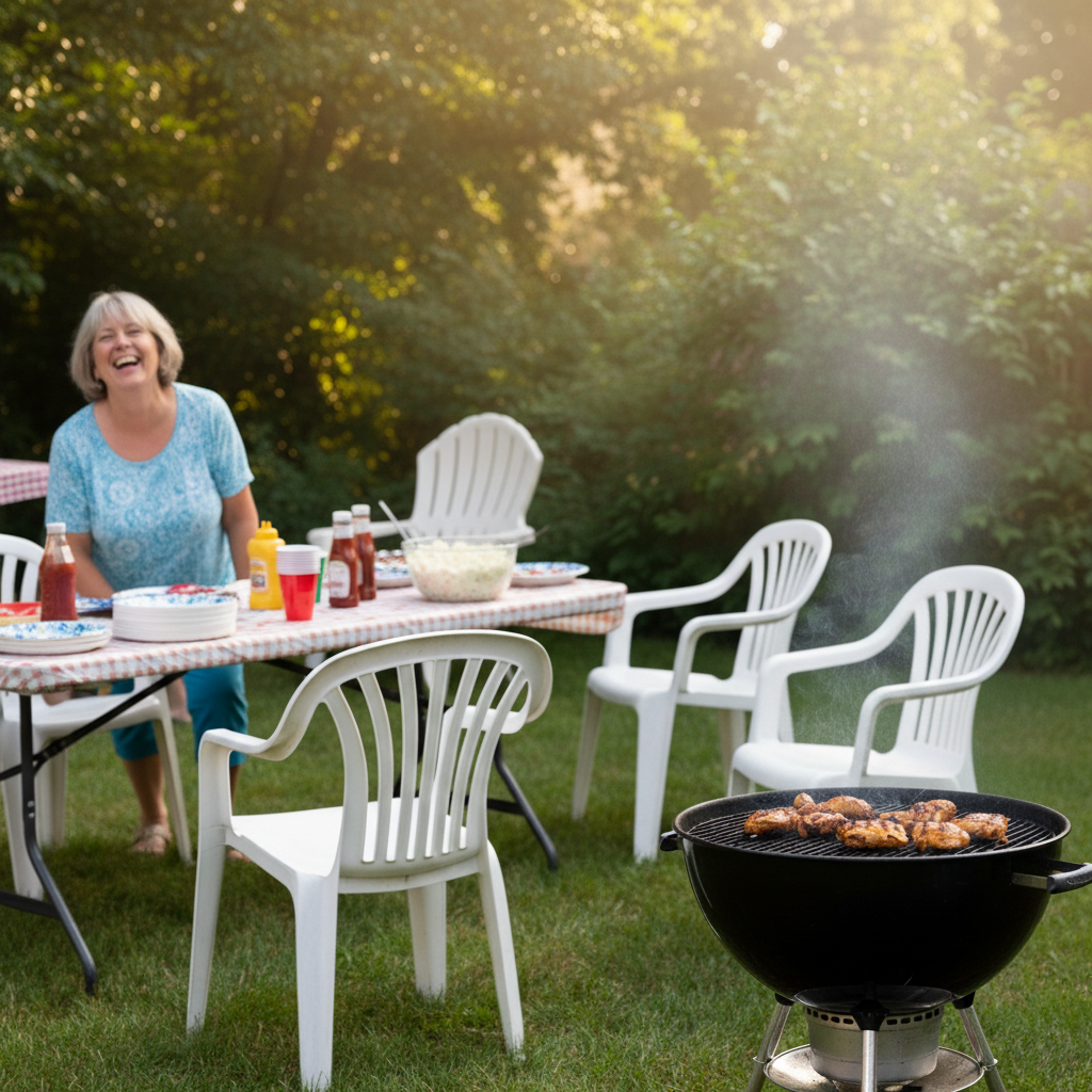 Same laughing woman with clean blurred garden background