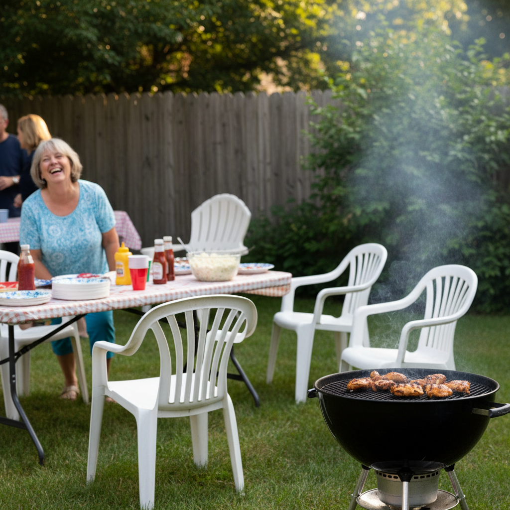 Woman laughing at backyard BBQ with grill and lawn chairs visible