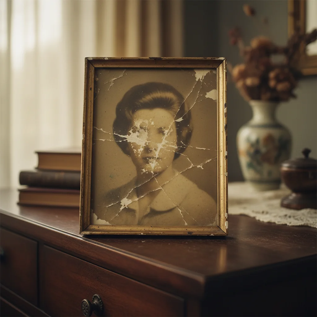 Faded 1960s portrait with scratches and diminished details