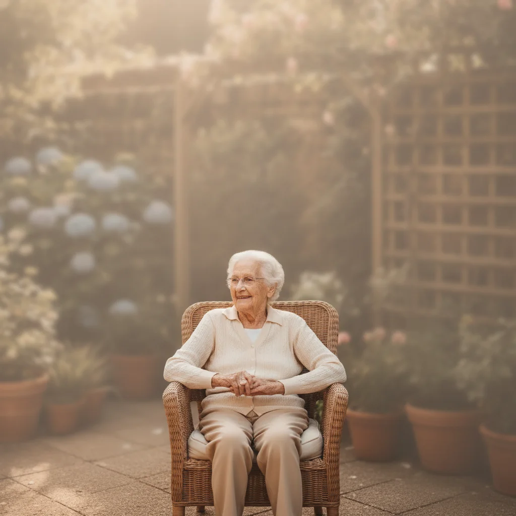 Beautiful memorial portrait of grandmother with soft neutral background