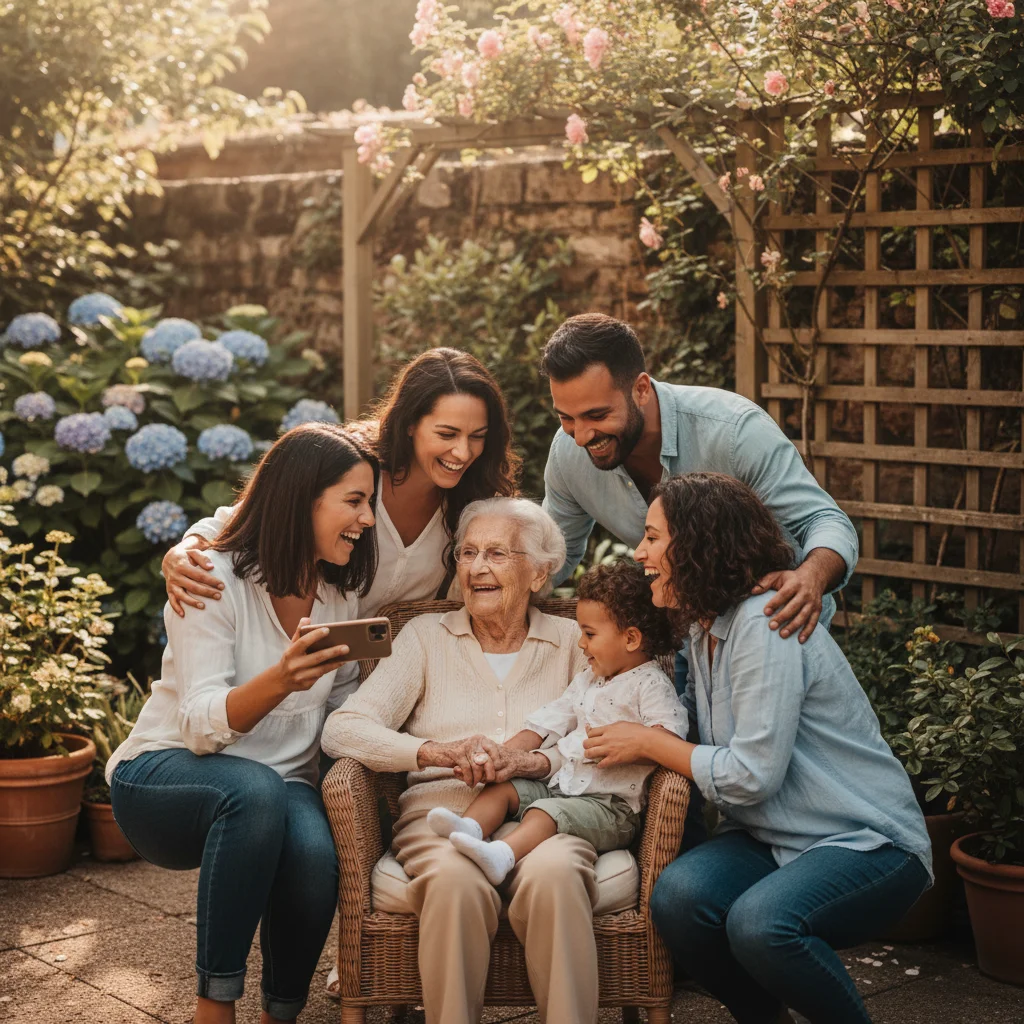 Family gathering photo with grandmother among relatives