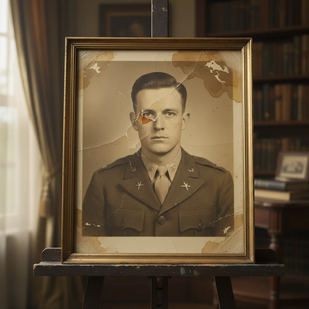 Water-damaged WWII era military portrait