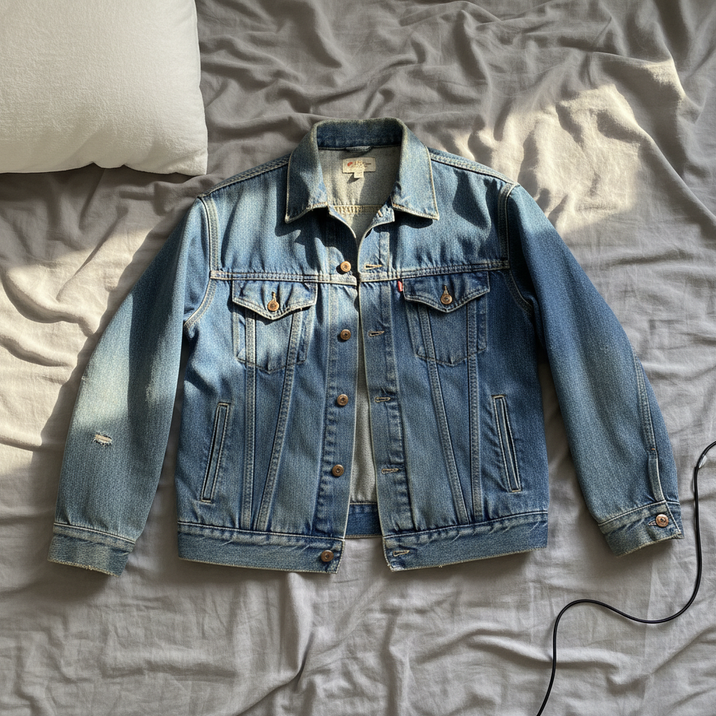 Denim jacket on messy bed with visible clutter
