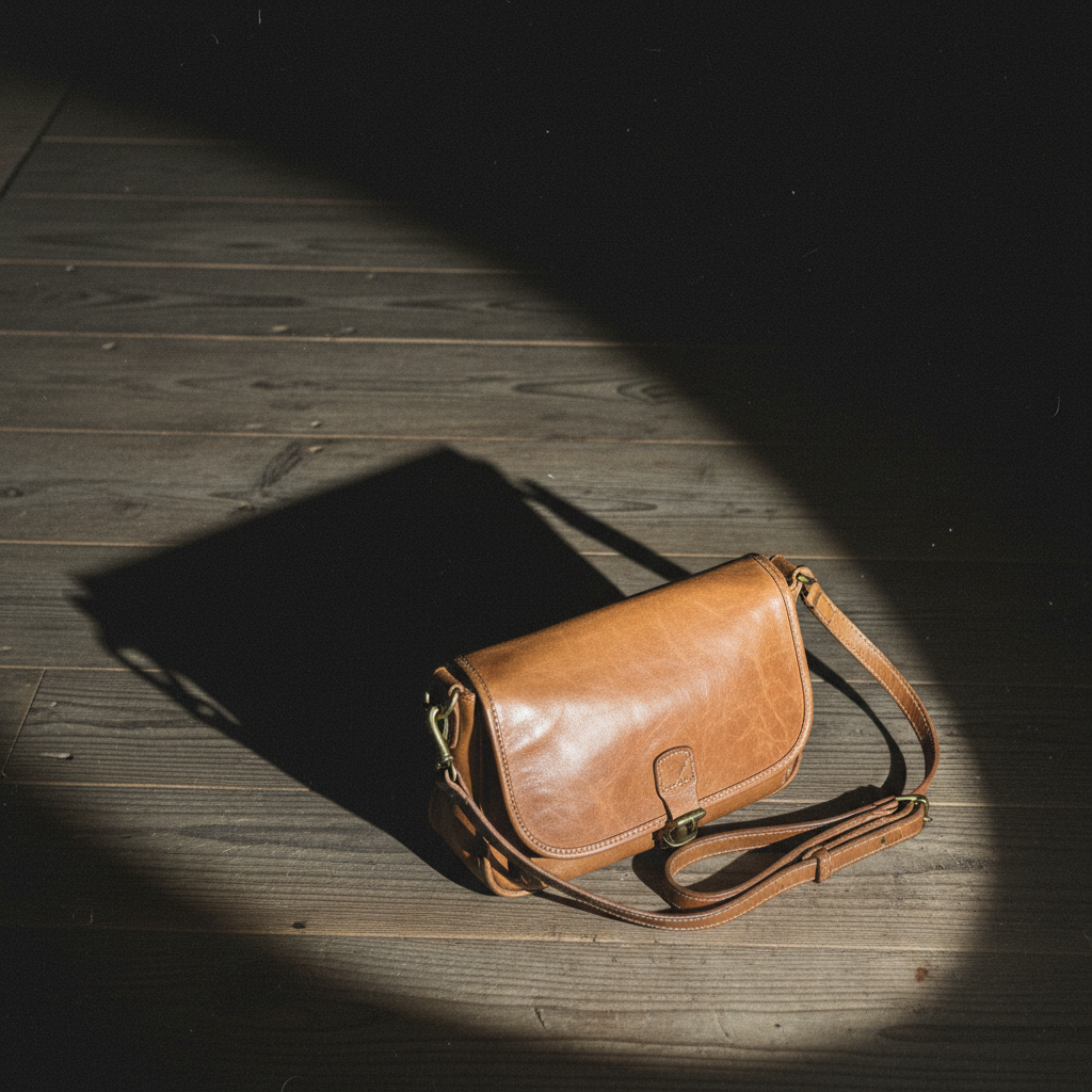 Leather bag with harsh flash shadow on floor