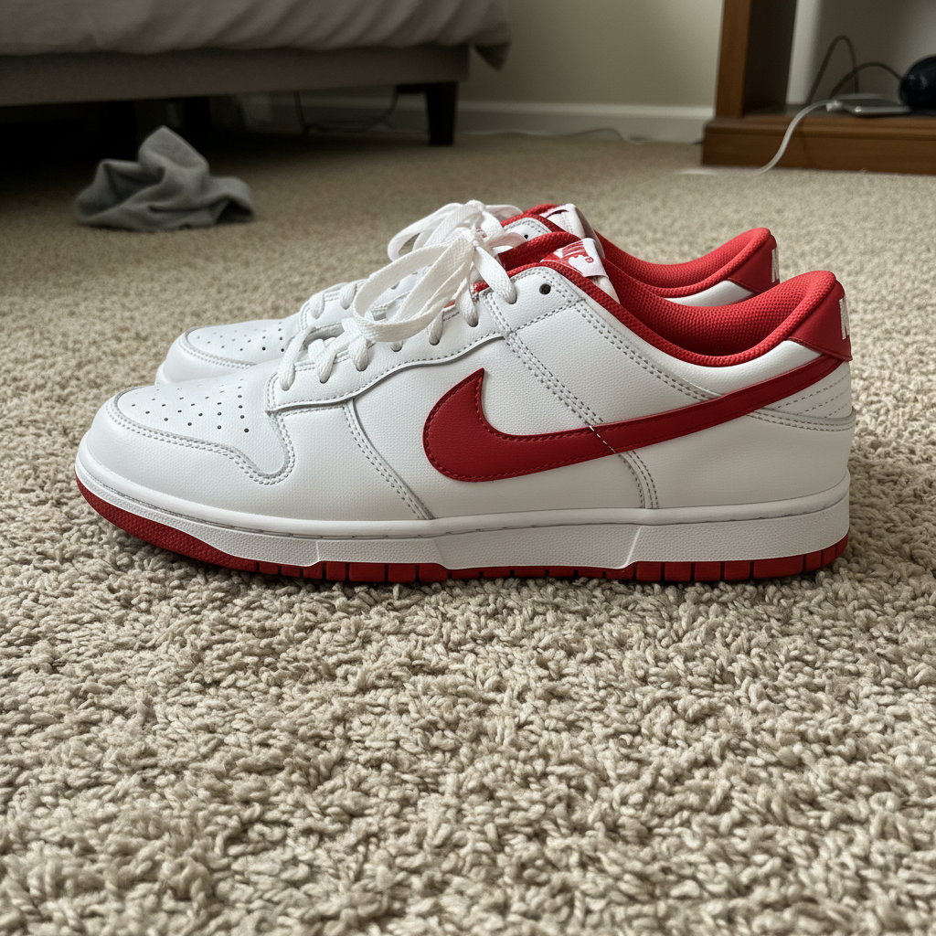 Sneakers on carpet with sock visible in background
