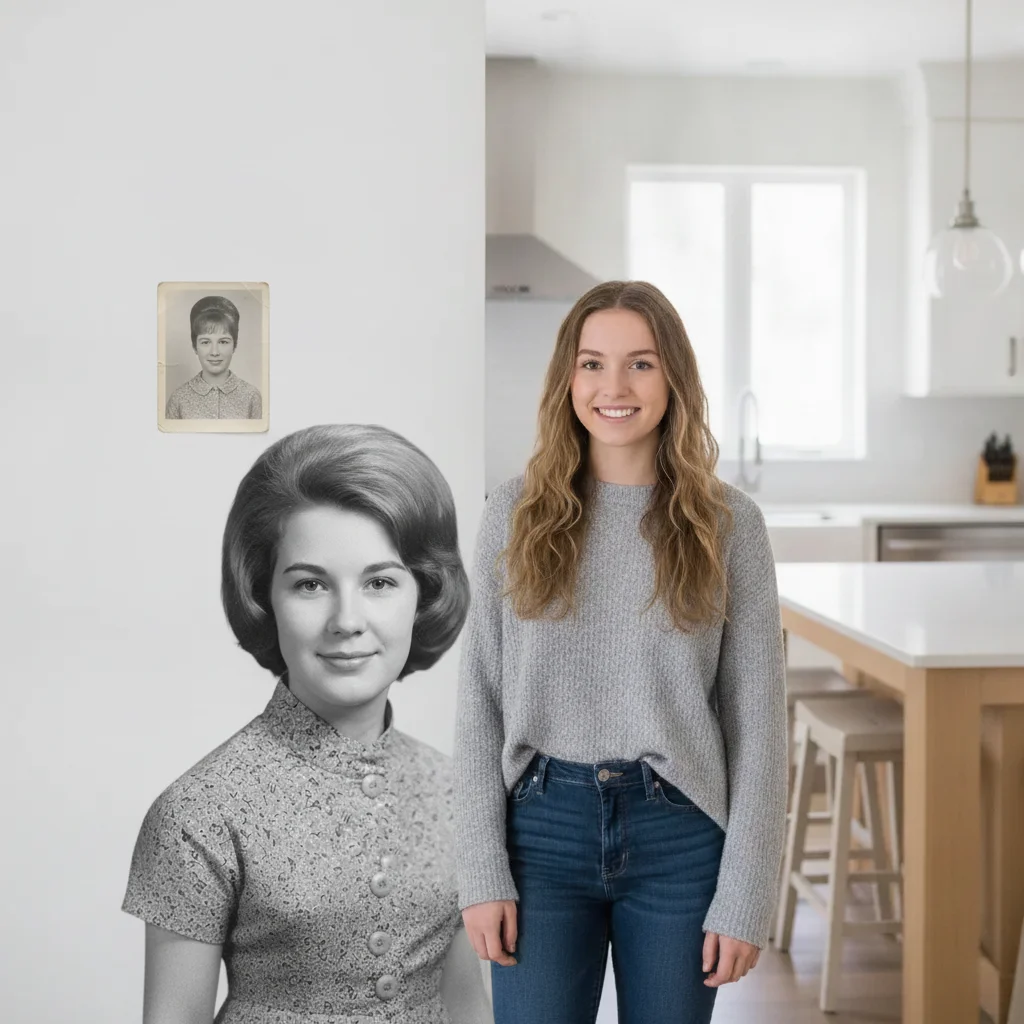 Grandmother and granddaughter merged into one then-and-now photo, one in black and white and one in color