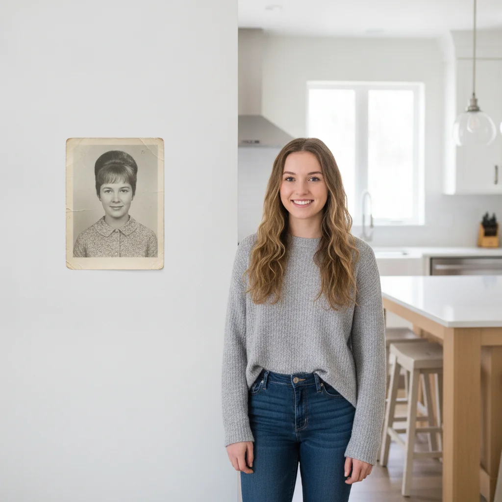 Recent color photo of a young woman in a kitchen, and a faded black-and-white photo of her grandmother in her twenties