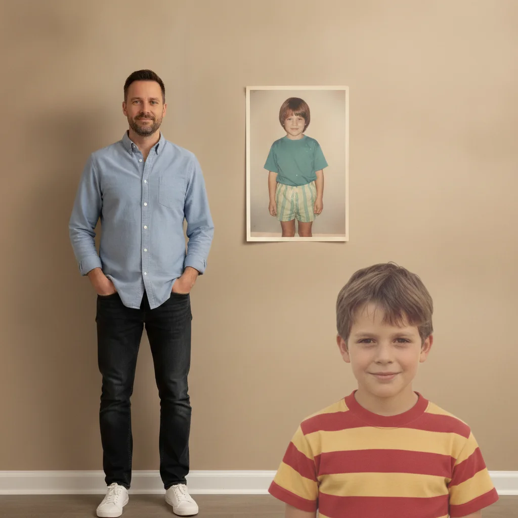 Childhood self and adult self merged into one then-and-now composite, side by side