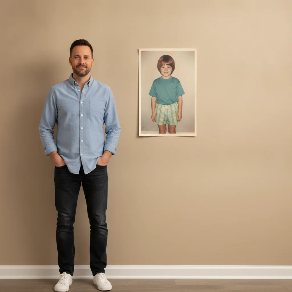 Recent portrait of an adult man, and a sun-faded childhood photo of the same person as a boy