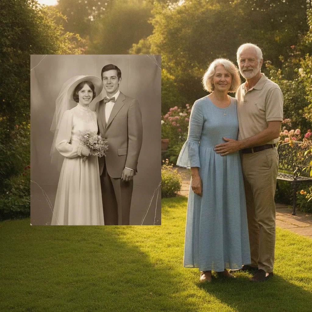 Old wedding photo and recent anniversary photo merged side by side, sepia beside full color