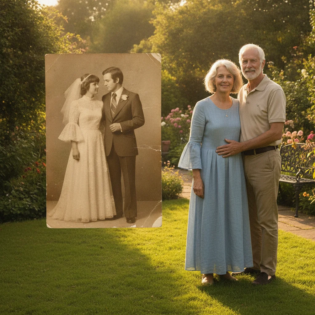 Recent color photo of an older couple in a garden, and a sepia wedding photo of the same couple decades earlier