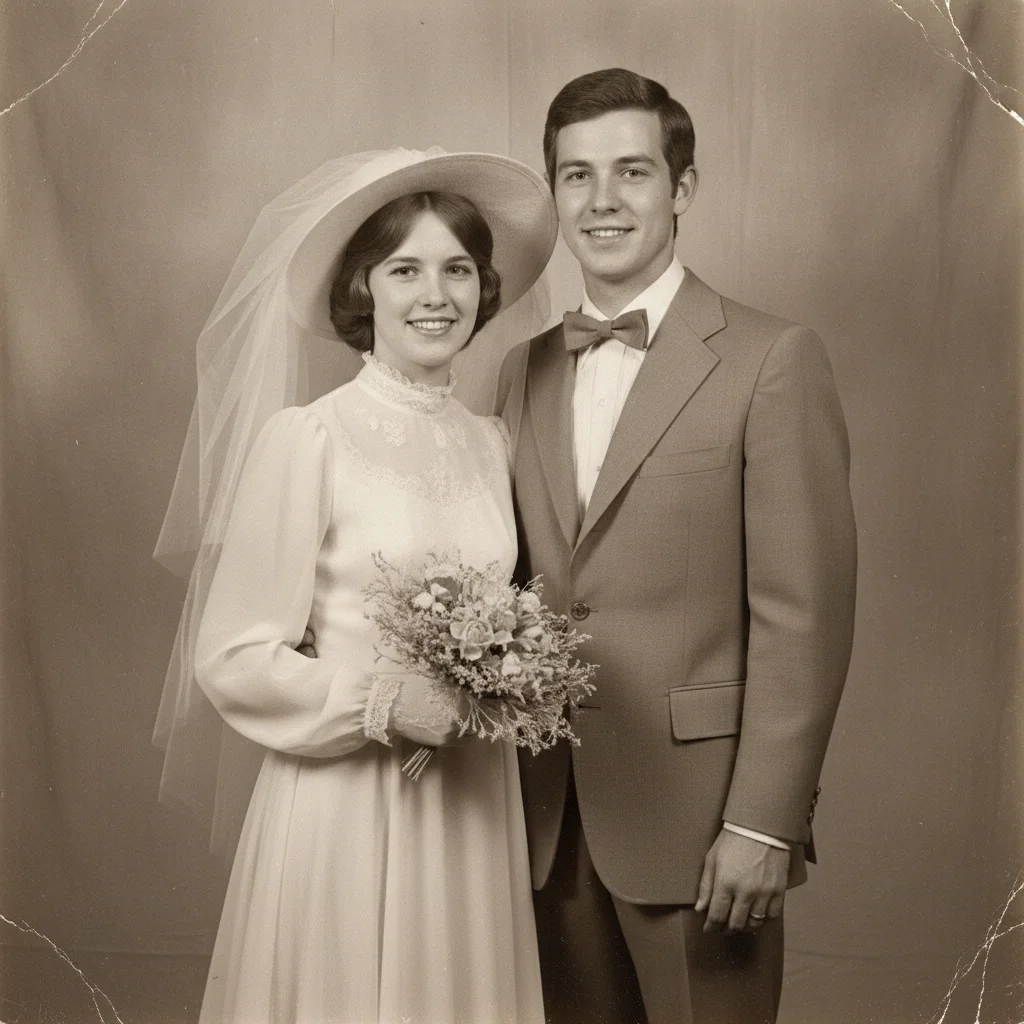 Sepia-toned wedding photo of the couple decades ago