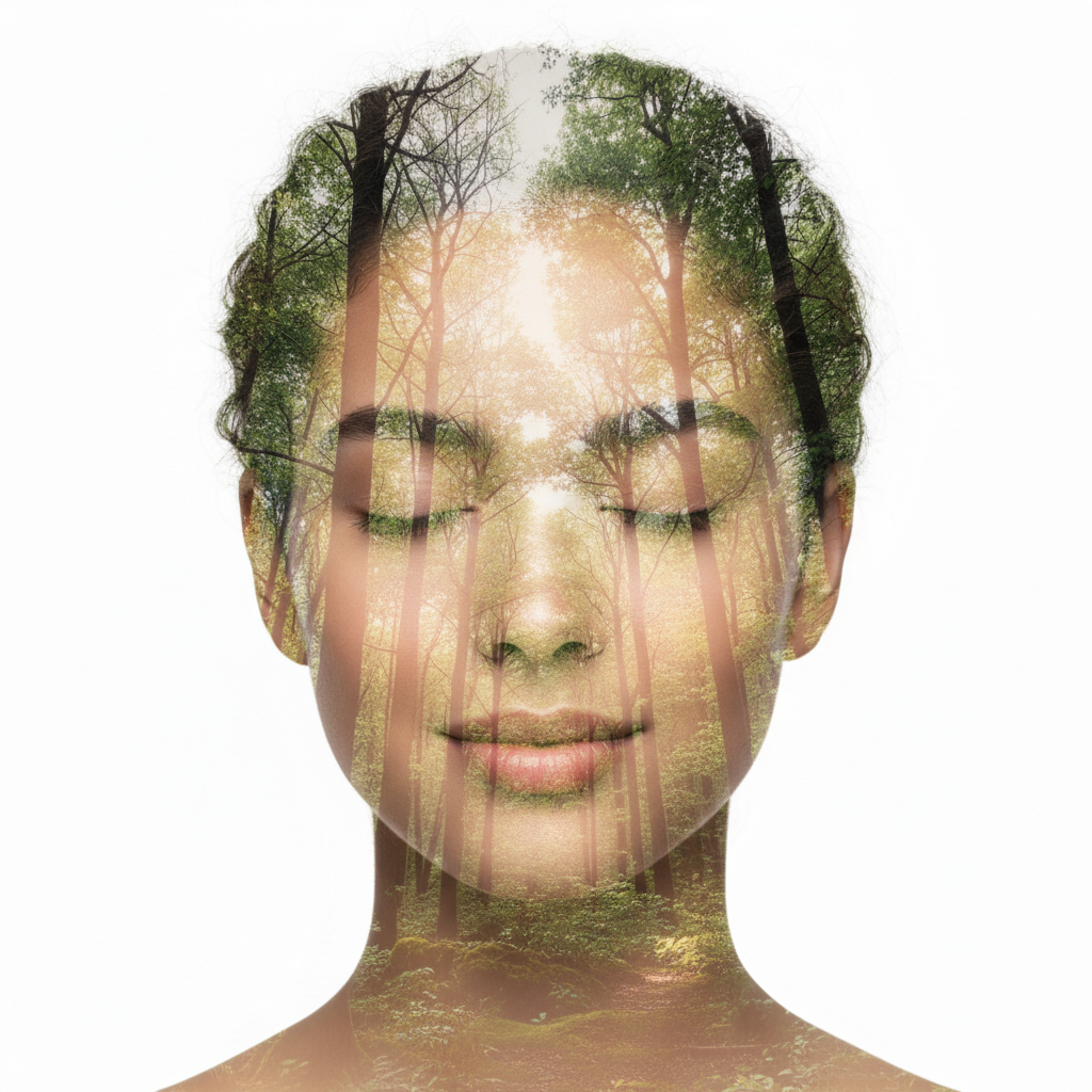 Artistic double exposure with forest blended into portrait