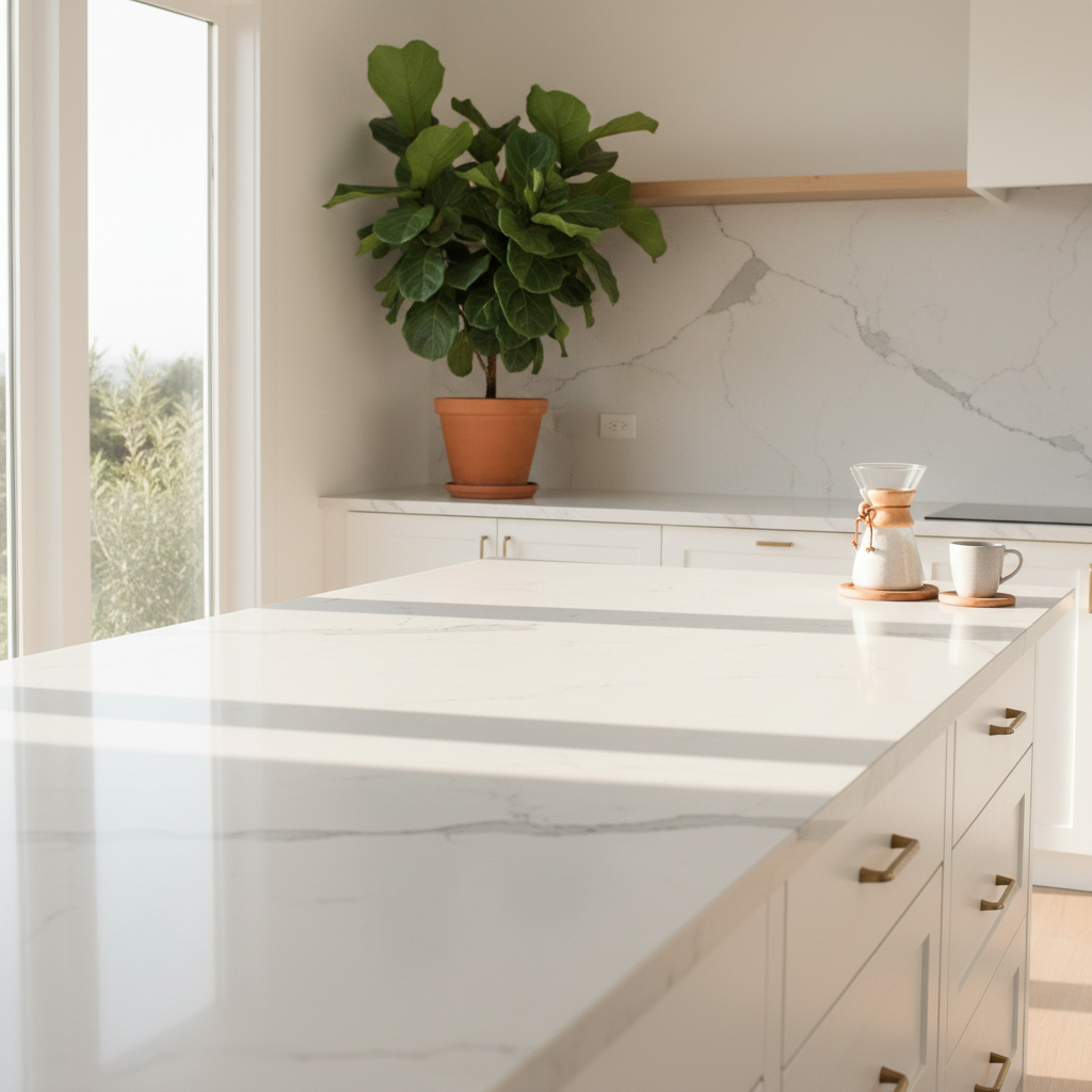 Empty marble countertop with warm lighting