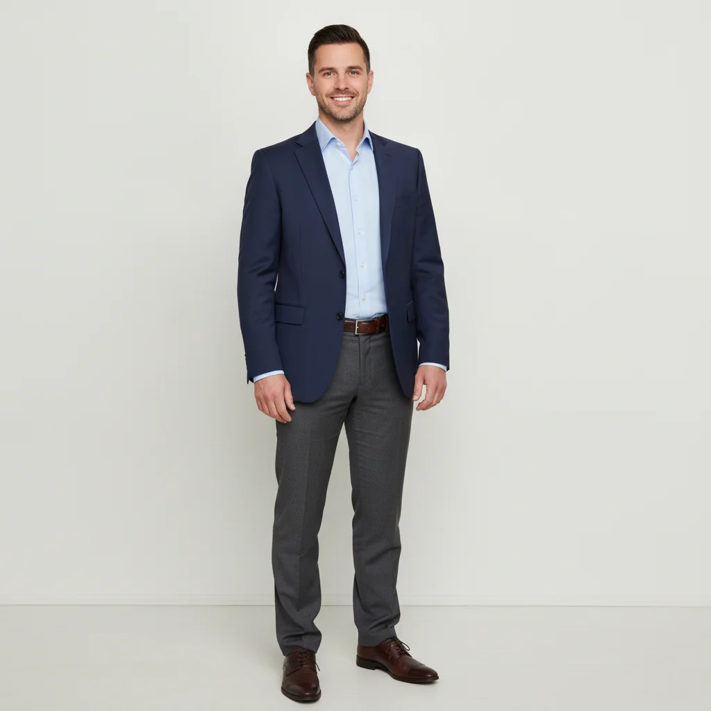 Full-length photo of the employee against a plain wall, shot separately