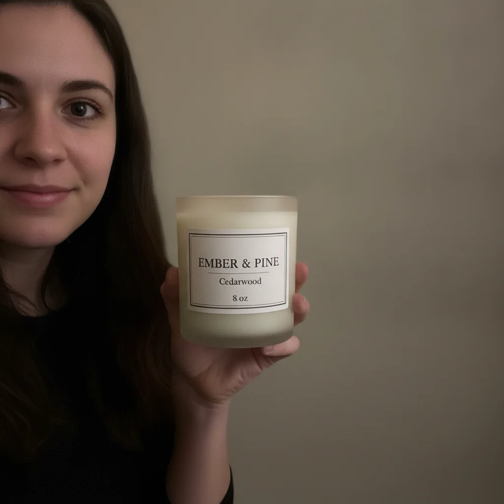 The same creator and candle on a clean backdrop in even light, the label legible at small sizes