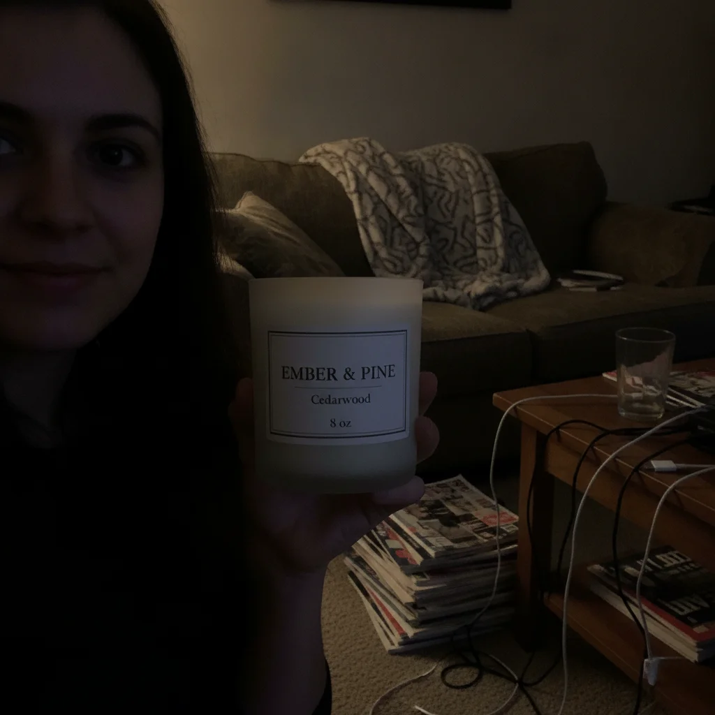 Creator holding a candle jar in a dim cluttered living room with cords and magazines behind her