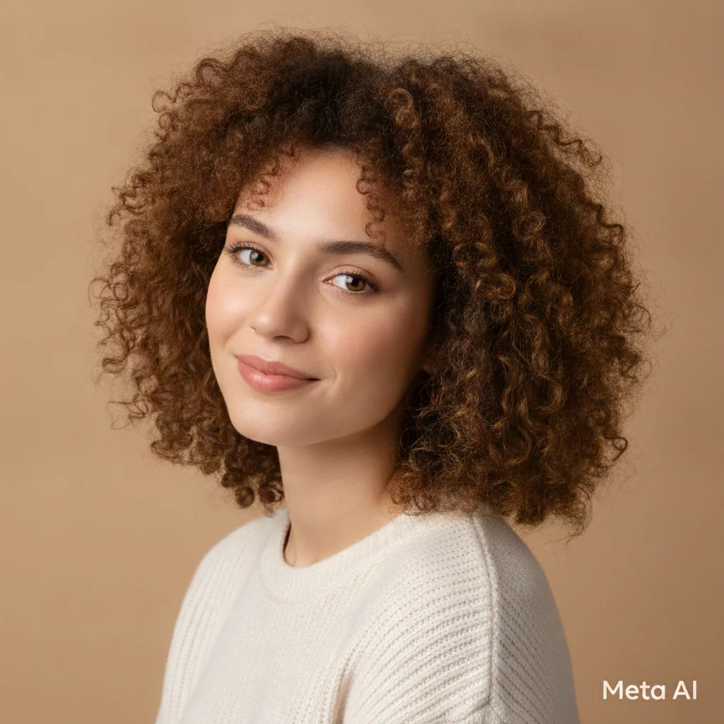 AI-generated portrait on beige studio background with Imagined with AI text badge in lower left corner