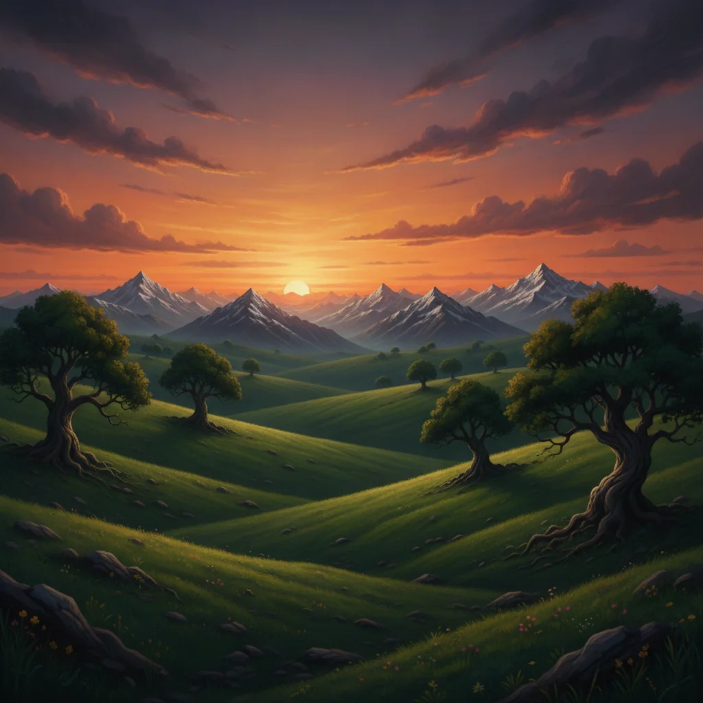 Clean fantasy landscape with Meta AI badge removed and sunset sky gradient reconstructed