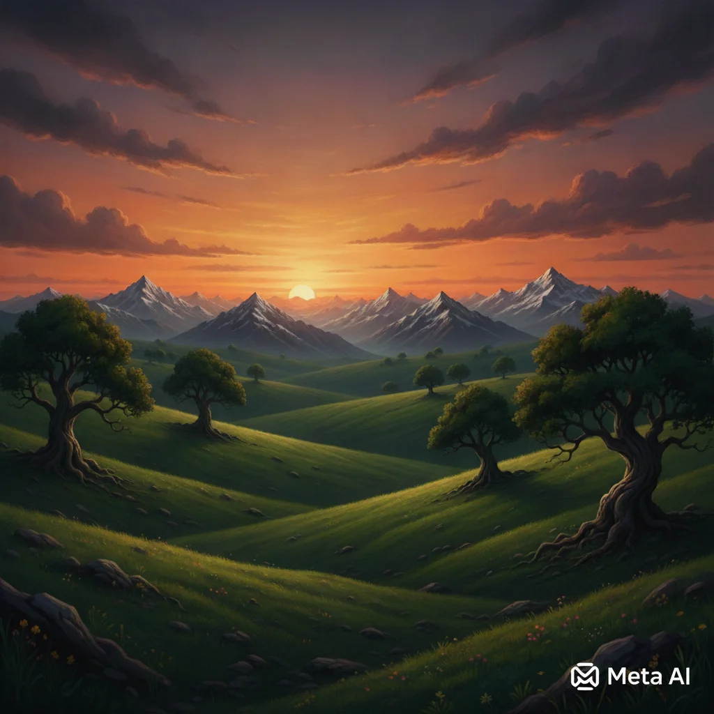 Fantasy landscape with dramatic sunset sky and Imagined with AI badge in lower left corner