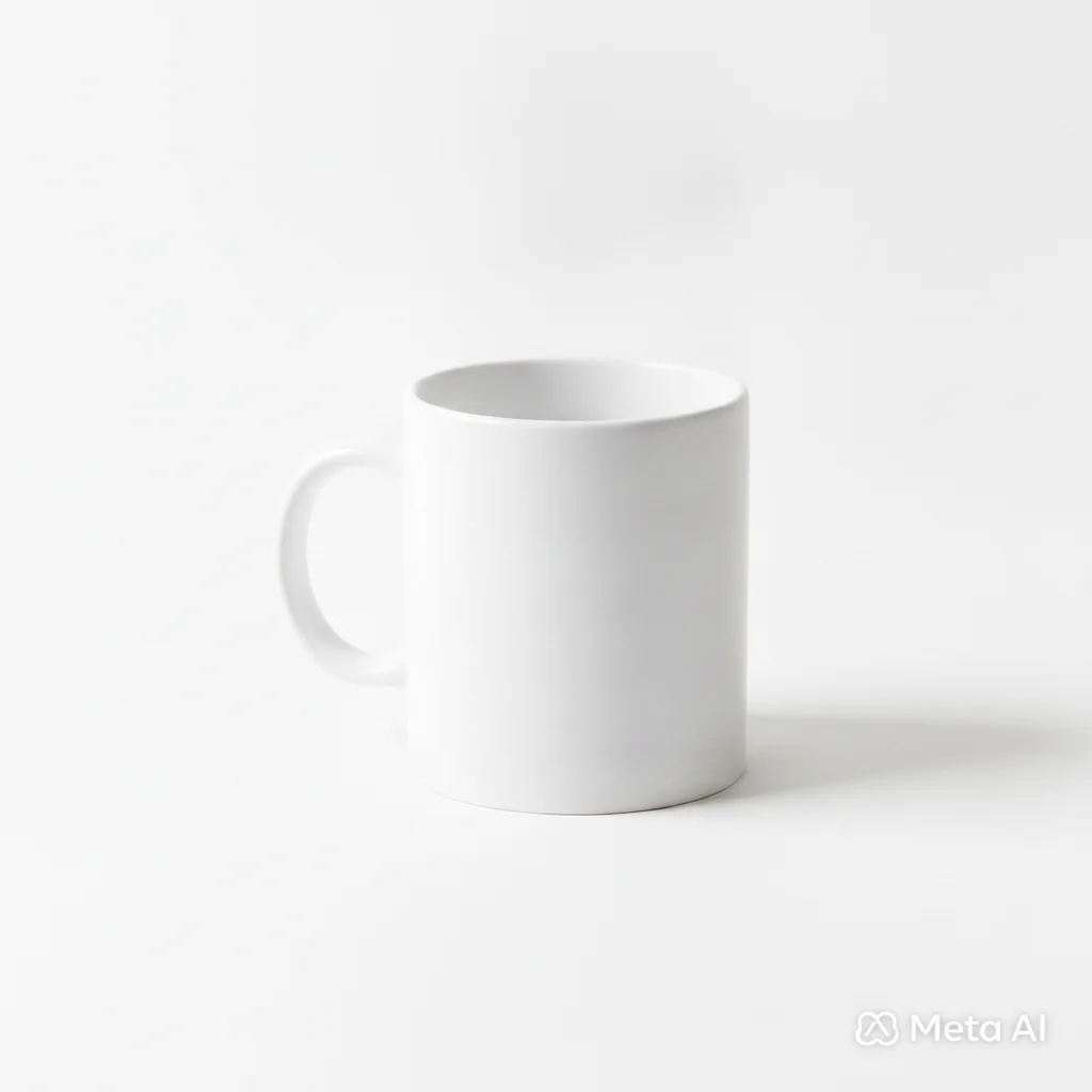 AI-generated ceramic mug product mockup on white surface with Imagined with AI badge in bottom left corner