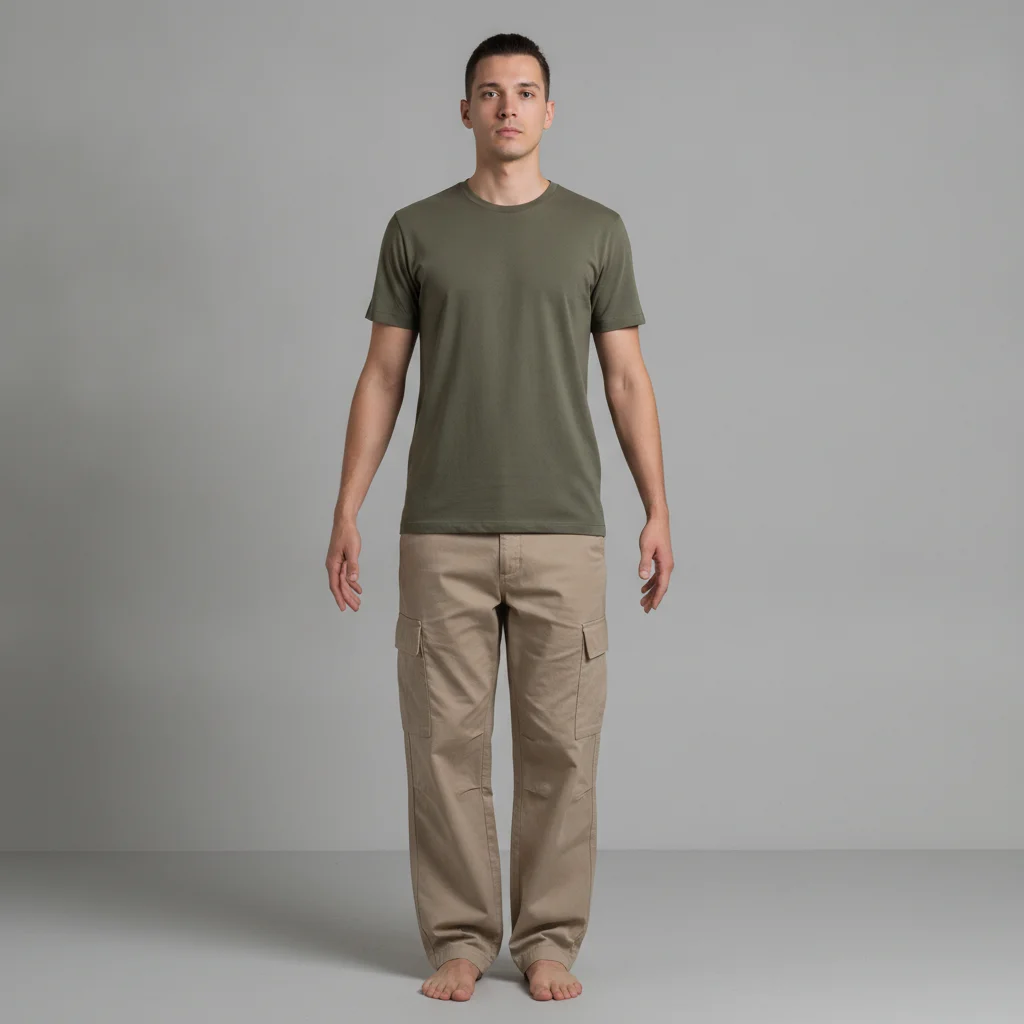 Person in khaki pants and green shirt standing against light gray wall, neutral pose