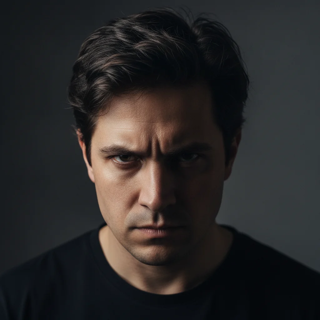 Dramatic portrait of person with dark hair against dark gray background with side lighting
