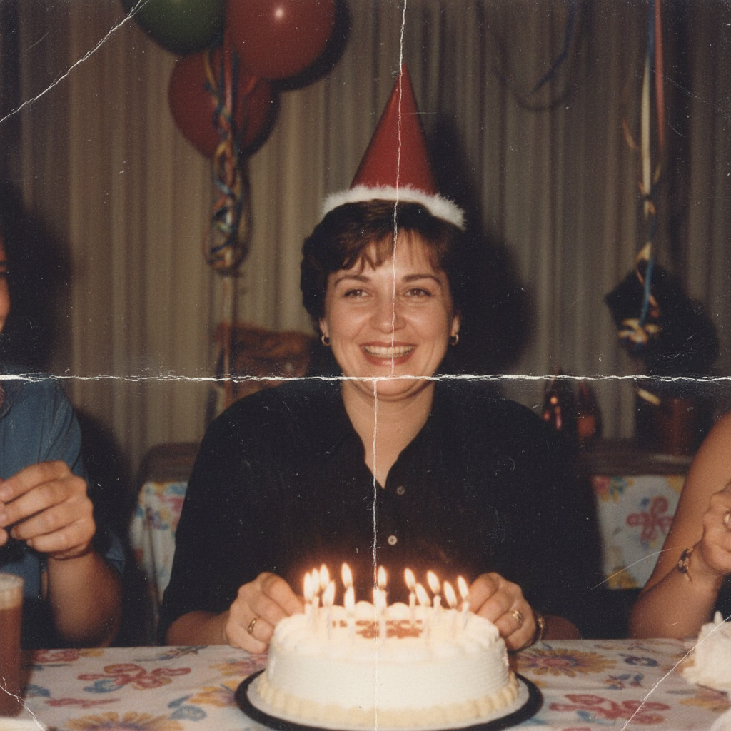 Damaged 1960s photo of grandmother with scratches and tears