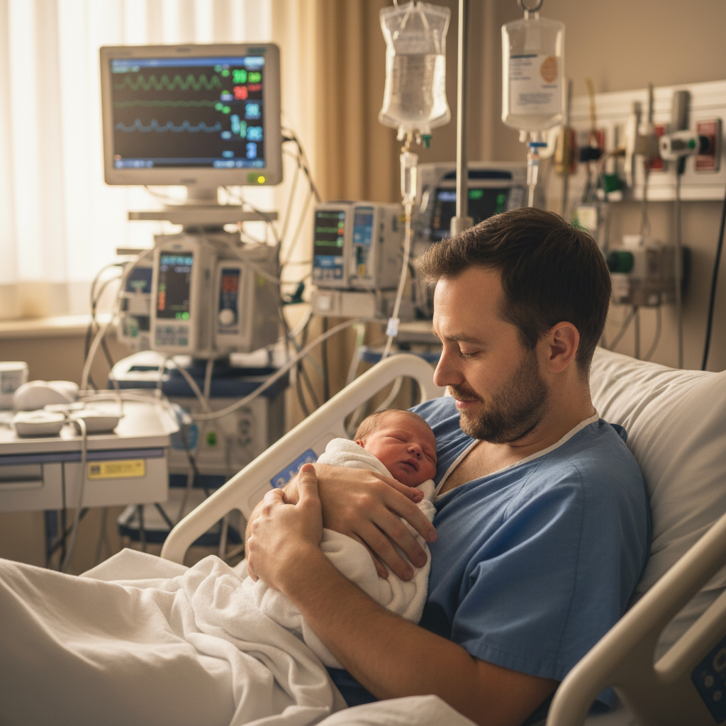 Same moment with clinical background softly blurred