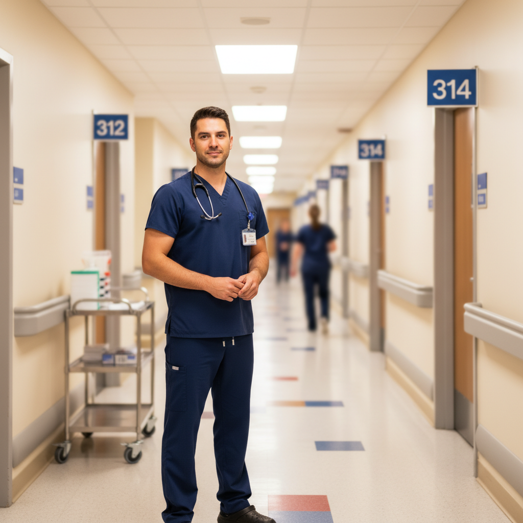 Professional headshot with softly blurred clinical background